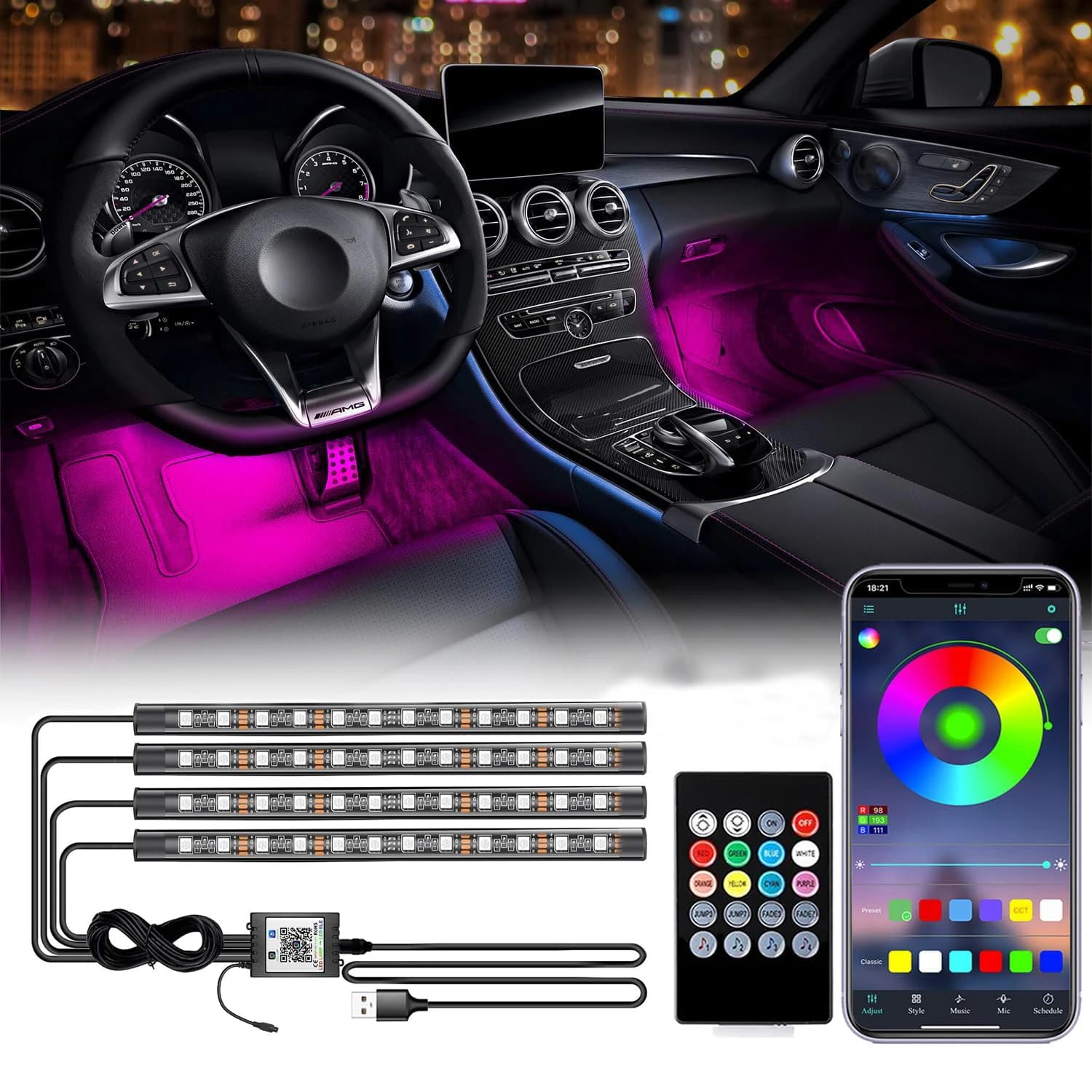 Kit Luci LED Neon per Interni Auto, Striscia Luminosa Ambientale 72 LED con Controllo Remoto e App Musicale, Lampade Decorative RGB per Auto