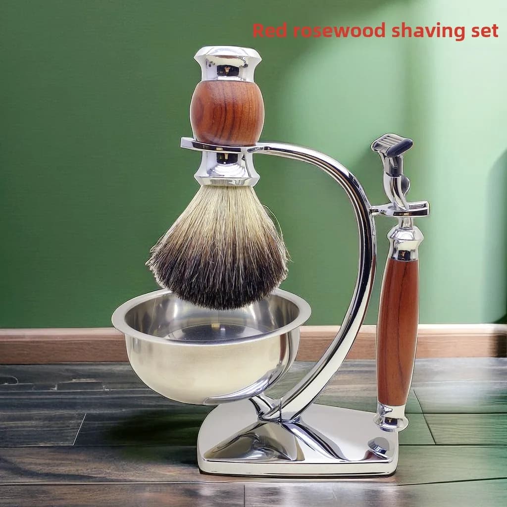 Safflower Rosewood Handle Razor Set Men's Care Solid Wood Three-layer Manual Razor Beard Brush Bowl Rack