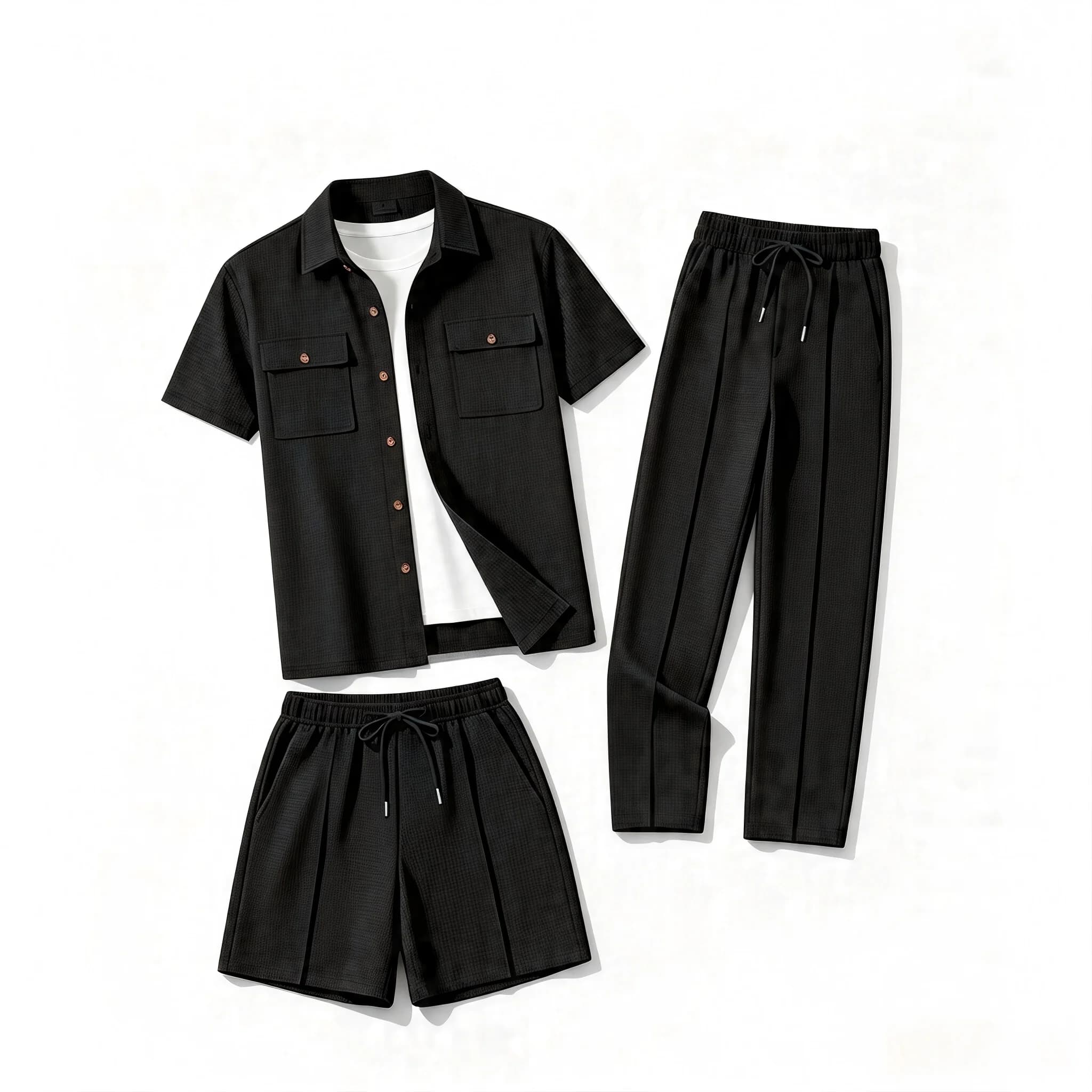 Men'sSummer Waffle Textured 3-in-1 Outfit Set Lapel Short Sleeve Shirt with Long Pants and Shorts Daily Casual Two-Way Wear Suit