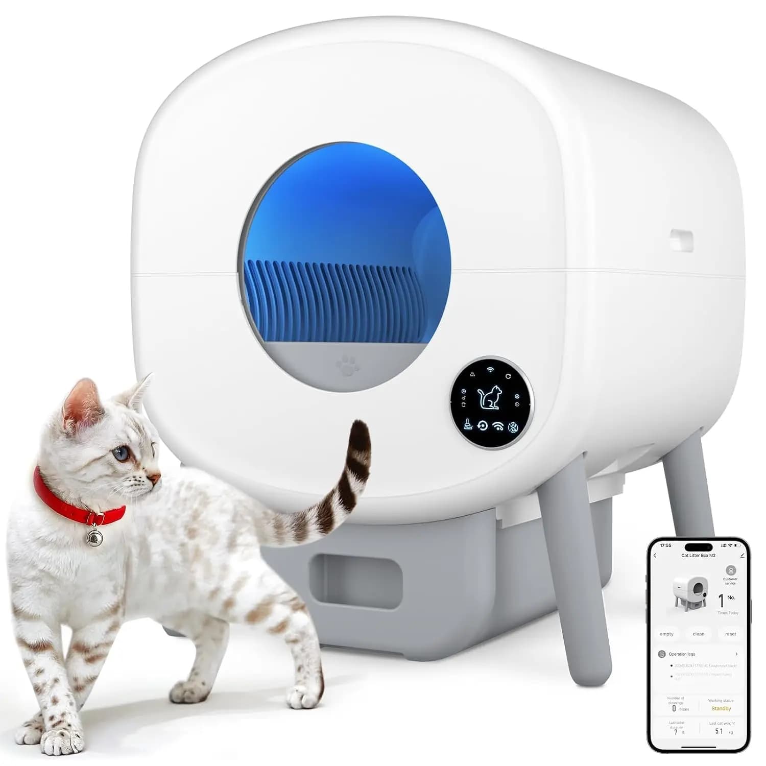 Large Automatic Self-Cleaning Cat Litter Box with App Control & Safety Protection, 2 Roll Garbage Bags, White & Grey, Customized