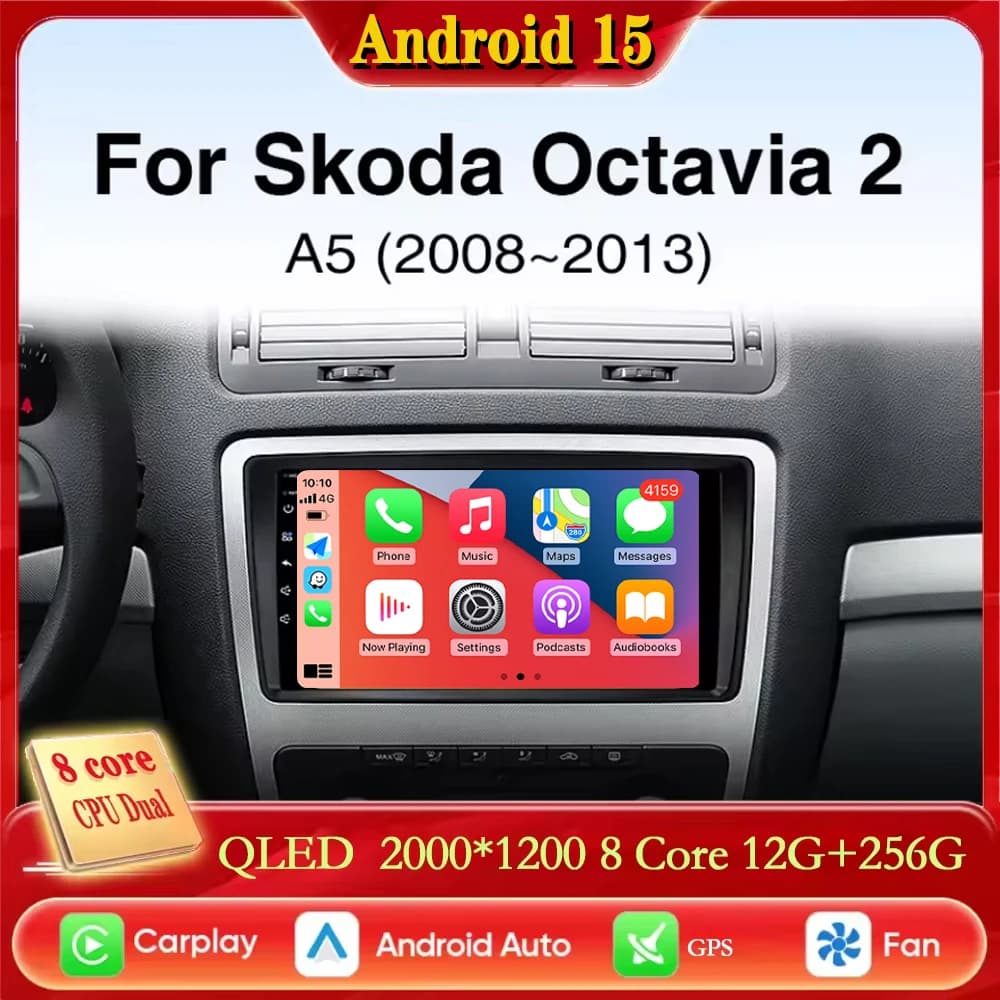 Per Skoda Octavia A5 2 2008 2009 2010 2011 2012 2013 Android 15 2K QLED CarPlay Auto Autoradio Lettore Video Multimediale GPS stere