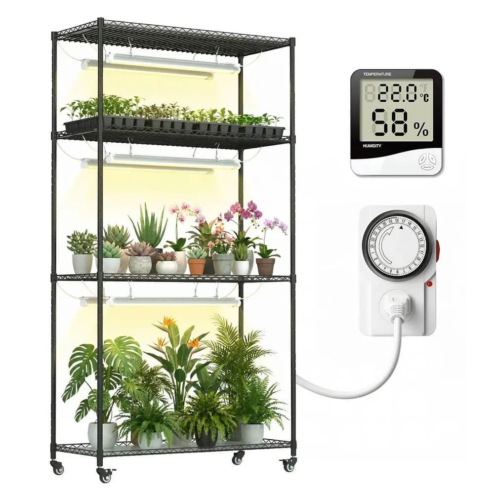Supporto con 6 luci di coltivazione a 3 colori, 36 W x 14 D x 63 H, scaffale per piante a 4 livelli con termometro e timer, ampia scaffalatura per piante da interno