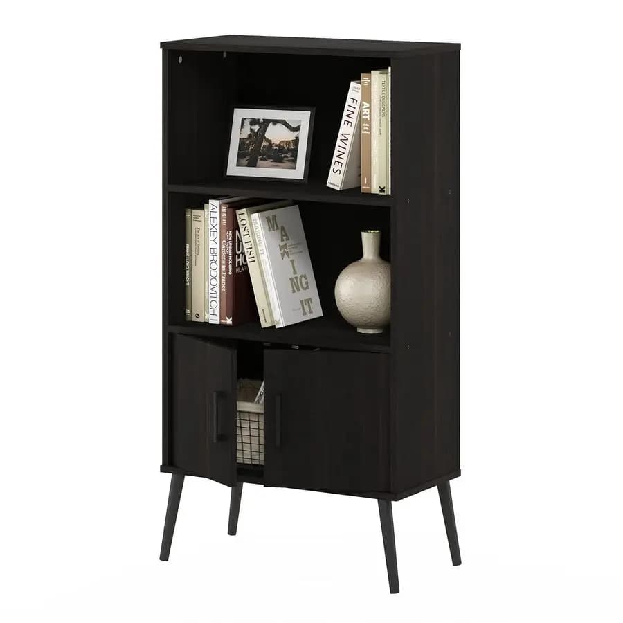 Libreria Claude in stile Mid-Century con gambe in legno e ripiani organizer, colore Espresso