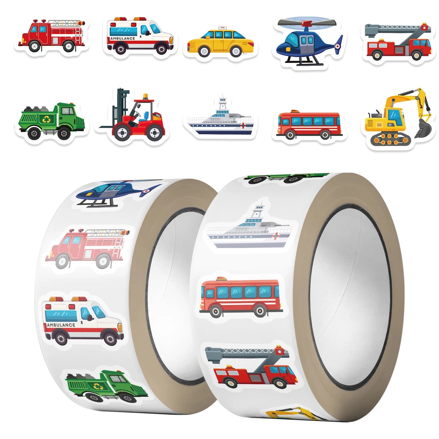 500 Pezzi/Rotolo Adesivi Impermeabili con Veicoli da Costruzione, Camion dei Pompieri, Trattori, per Graffiti, Decorazione Valigie, Diari, Giocattoli per Bambini