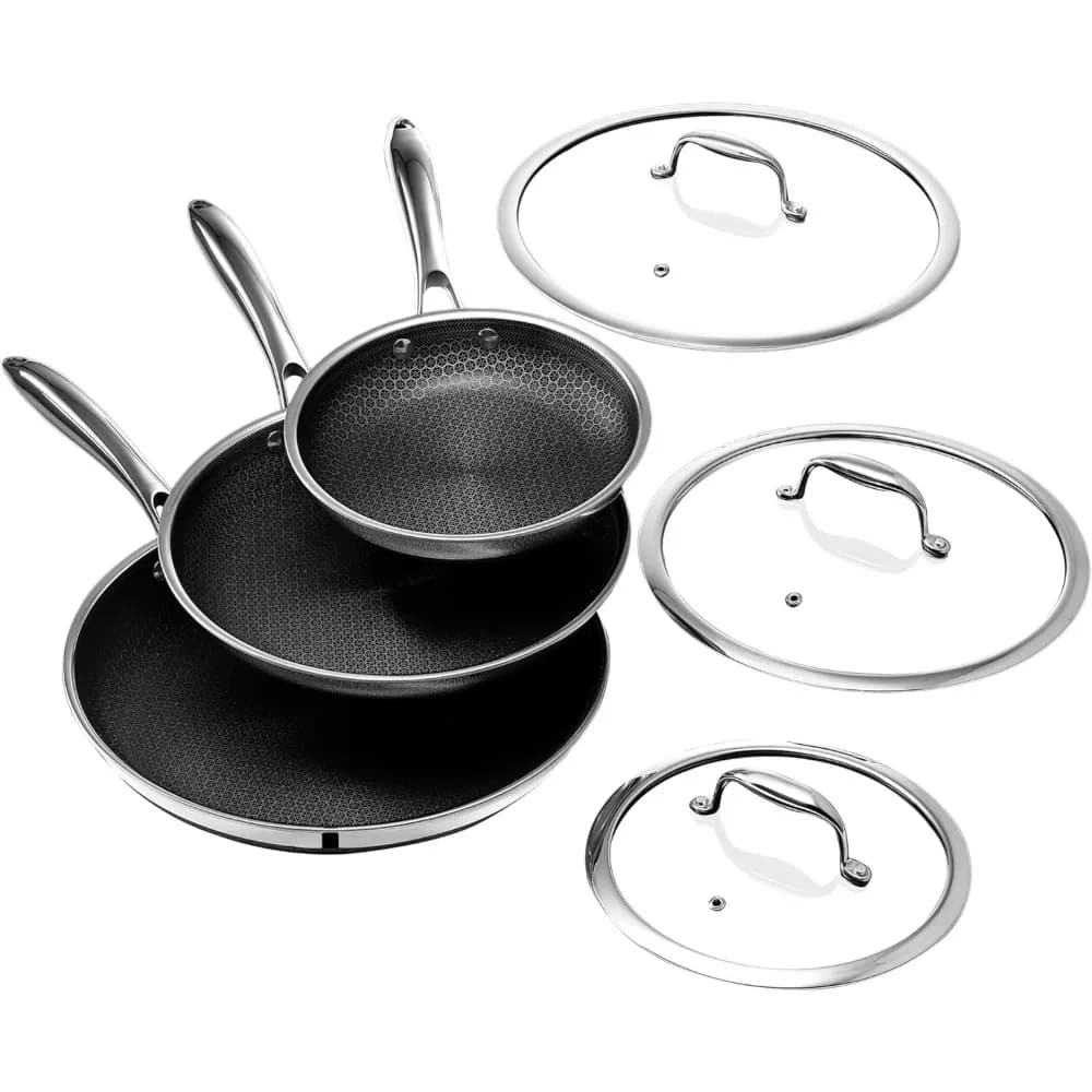 Set di 6 Padelle Antiaderenti Ibride con Coperchi in Vetro, Manici Isolanti, Lavabili in Lavastoviglie, Compatibili con Induzione