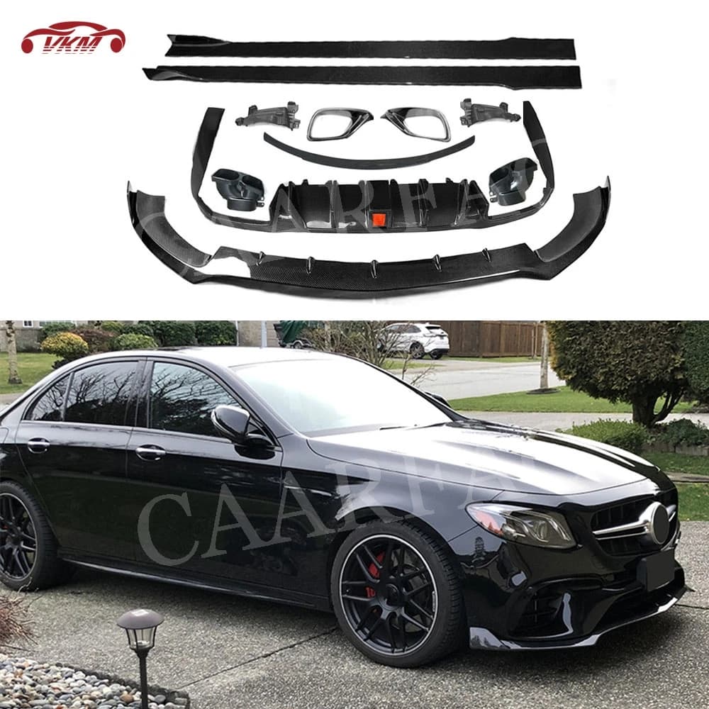 Diffusore Posteriore in Fibra di Carbonio con Scarico, Labbro Paraurti Anteriore, Minigonne Laterali e Staffe Alette per Benz W213 E63 AMG 2017+ FRP