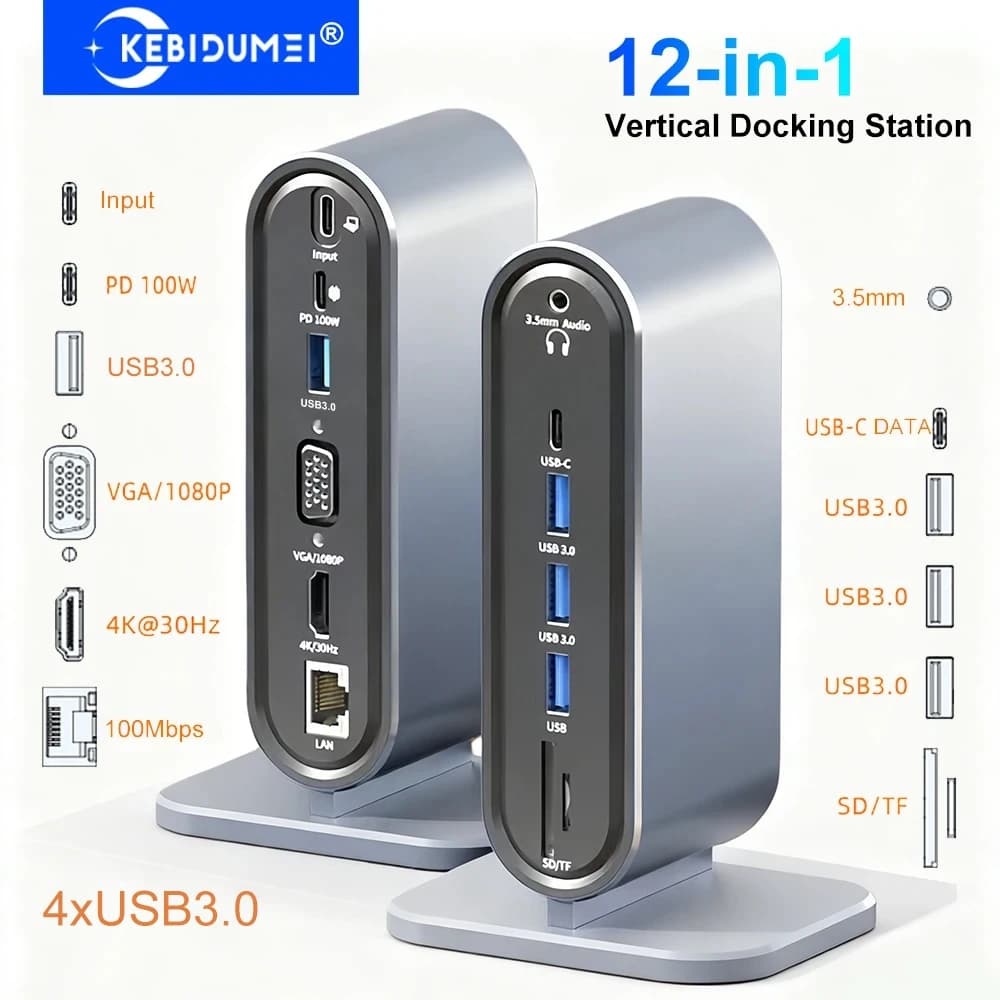 Vertical docking station 12 in 1 USB C HUB TIPO C Splitter HDMI 4K30Hz/LAN 100M/USB3.0 5Gbps/VGA 1080P/PD100W for MacBook laptop