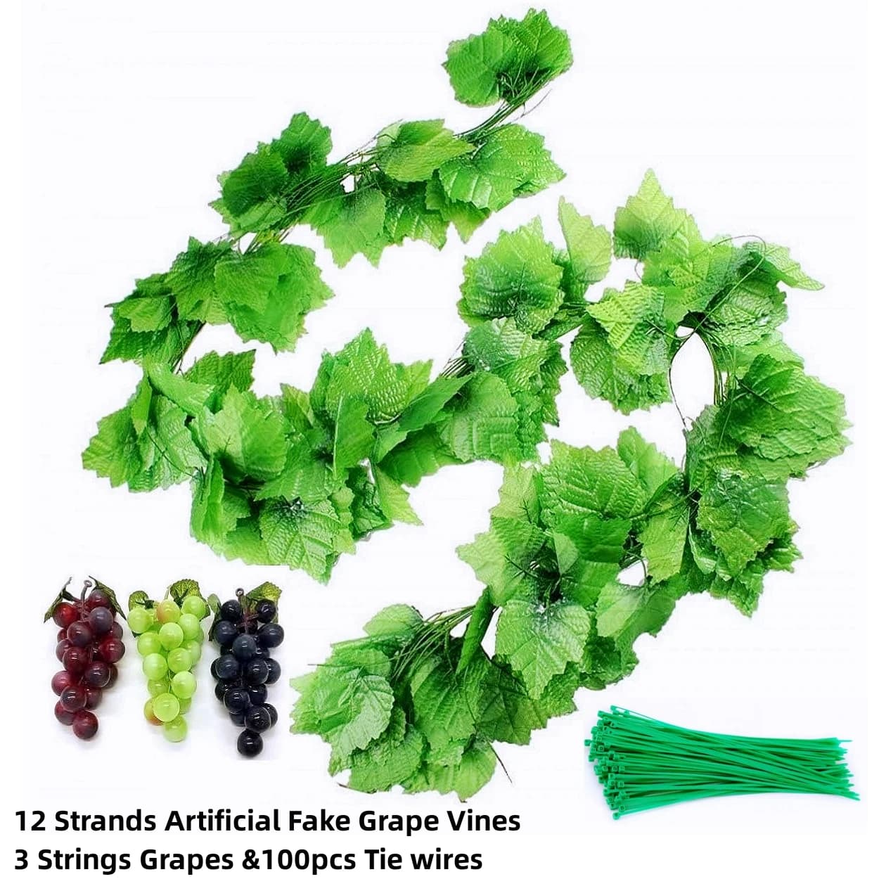 12 threads of artificial fake grape vines with 3 strings of grapes 100 pieces of bind, suspended plant garland of large leaves for the Pa wedding ceremony