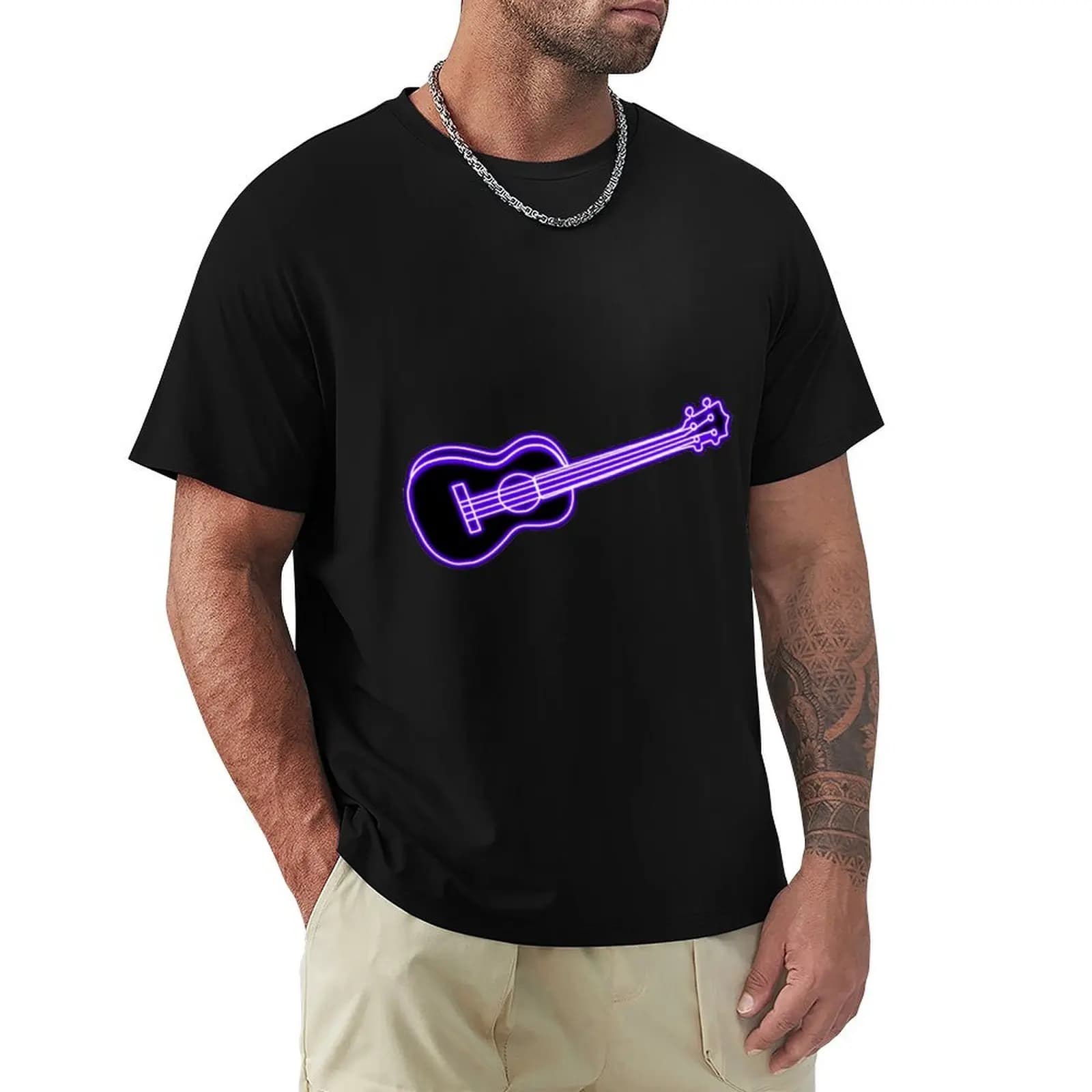 T-shirt Neon Purple Ukulele T-shirt classica in cotone con collo rotondo