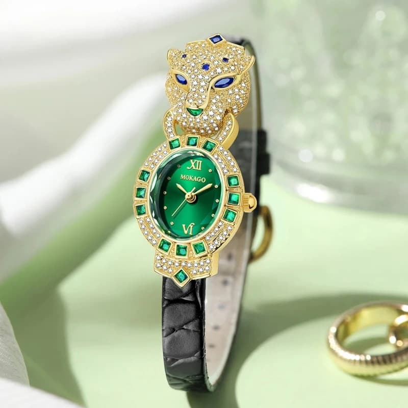 Creative Metal Diamond Leopard Head Women Watch Luxury Quartz Waterproof Blue Gemstone Eyes Daily Party Fashion Gift