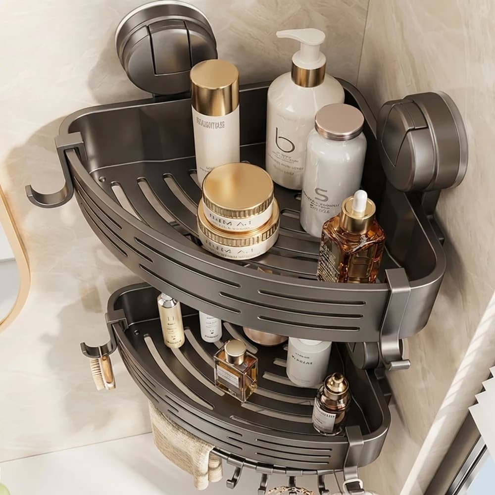 Portaoggetti da doccia triangolare a doppio strato con ventose resistenti, impermeabile, antiruggine, organizer angolare per bagno con ganci per R