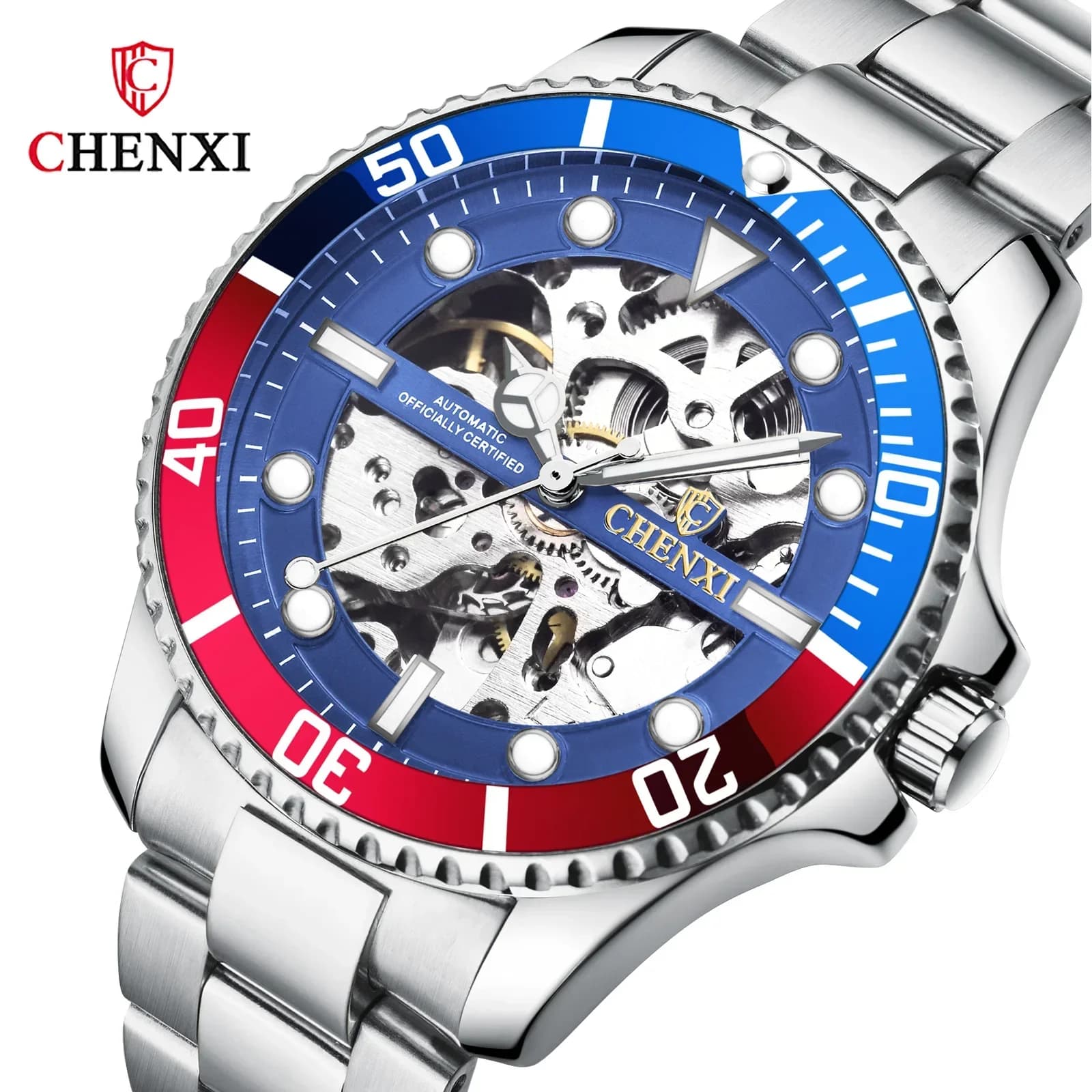 Moda verde lunetta rotante orologio da uomo scheletro orologi CHENXI cinturino in acciaio inossidabile automatico orologi da polso meccanici da uomo
