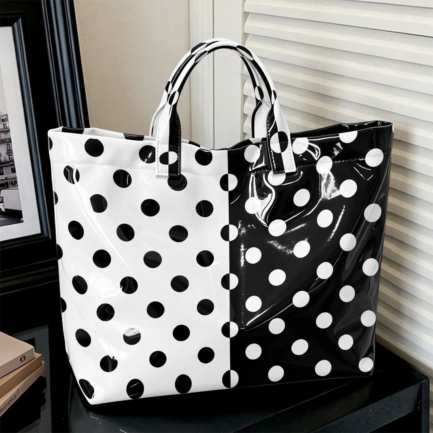 Women's Large Capacity Glossy PVC Tote Bag Polka Dot Multi-Color Top-Handle Hand Washable For Clothes Cosmetics Travel Parties