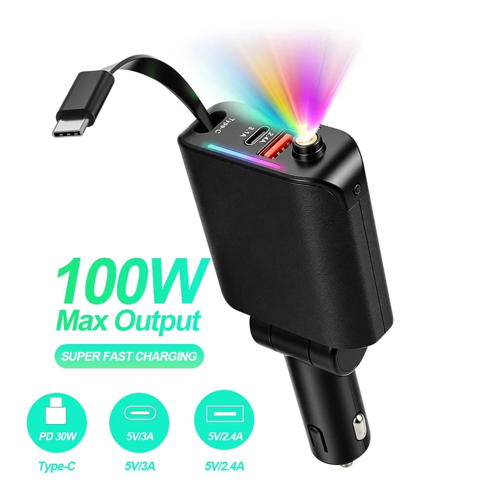 Car Charger with Retractable Charging Cable USB Type C with Starry Sky Spotlight Phone Cigarette Lighter Adapter Compatible