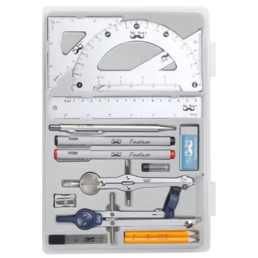 - Professional Geometry Set, 15 pcs, Drafting Tools with Protractor, Compass, Metal Ruler, Triangles, Pens and Pencils, Complet