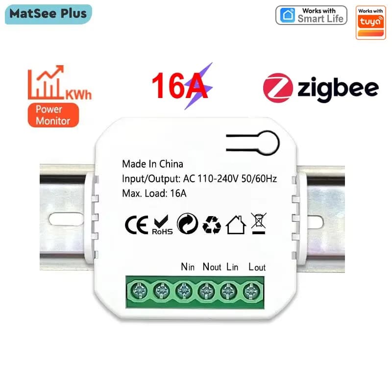 Tuya Smart ZigBee Electricity Counter Timer KWh 16A Mini Module Relay on DIN Guide for Prese Remote Control On Off Power Monitor Statistics Use as ZigBee Signal Repeater Extender Works with Google Home Alexa