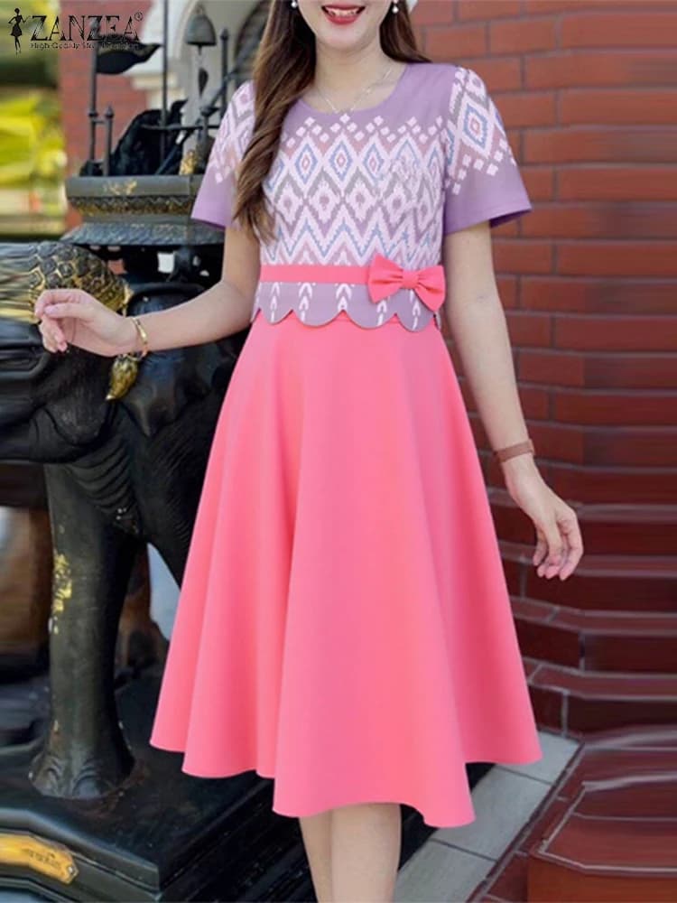 Women Elegant Party Dress Summer Patchwork Dresses ZANZEA Fashion Print A Line Midi Vestidos Robe Short Sleeve Work OL Sundress