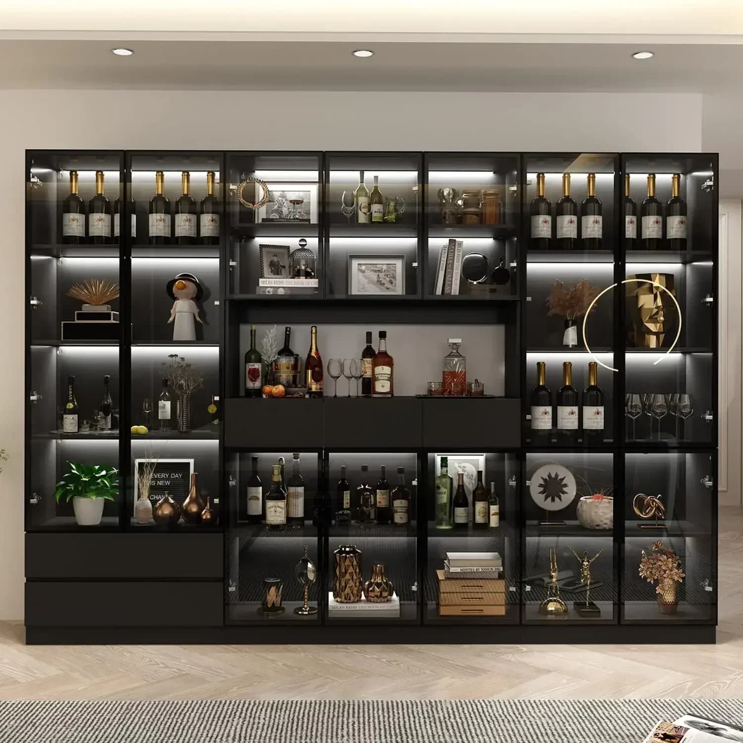 Libreria alta con ante in vetro e luci, set organizer con pensili, scaffale espositivo grande, libreria per biblioteca - Offerta imperdibile!