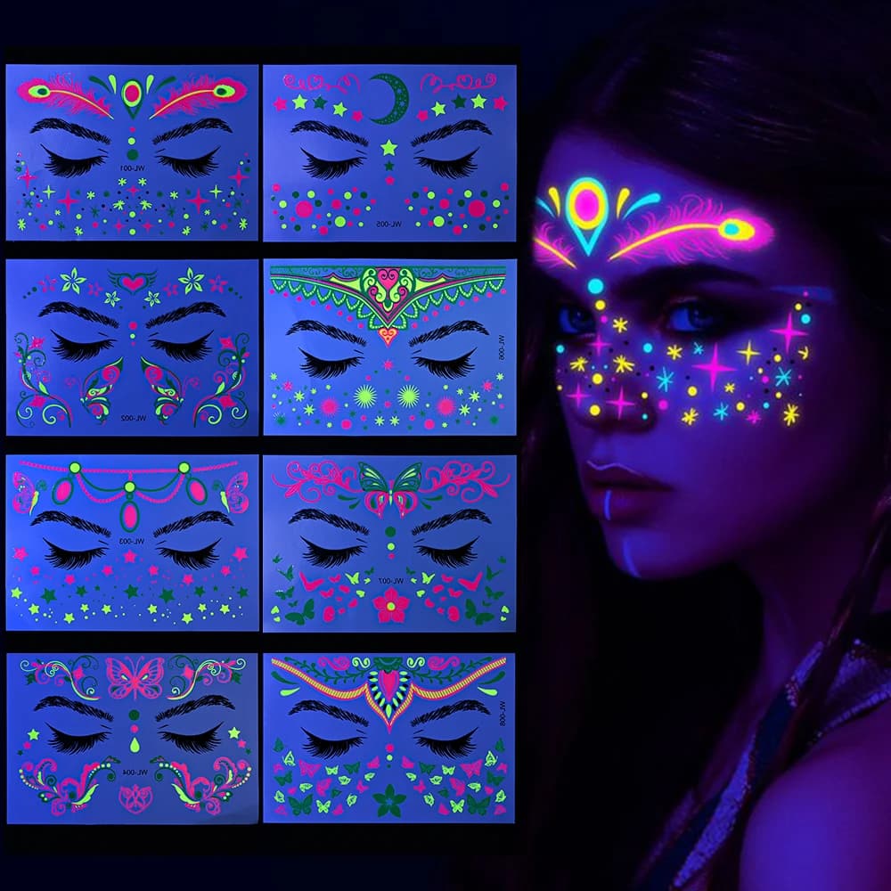 1pc adesivo viso fluorescente farfalla tatuaggio corpo finto adesivo impermeabile travestimento neon festival di musica trucco per feste glitter