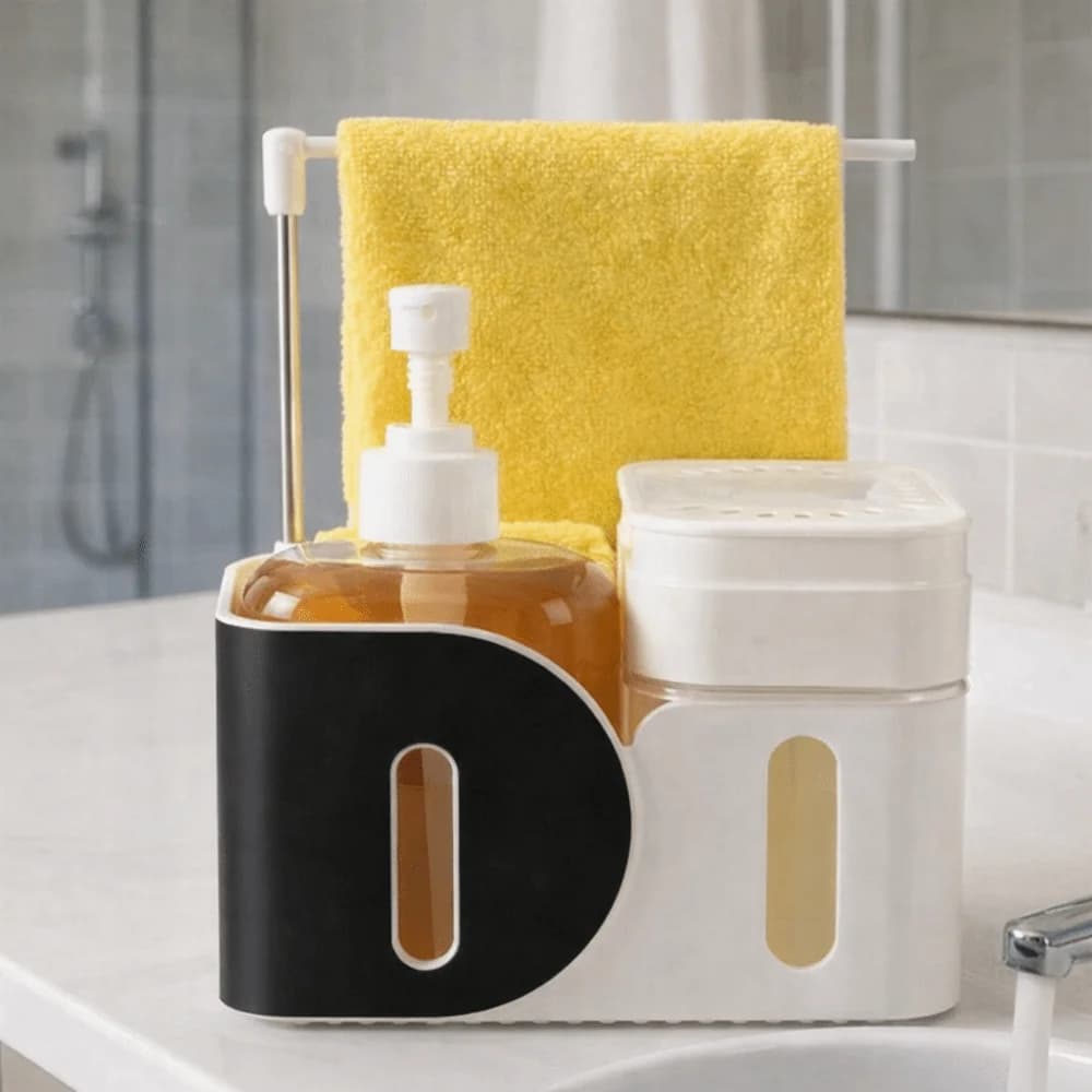 Set Dispenser di Sapone per Mani e Piatti in Plastica con Porta Spugna e Porta Panno 4-in-1 Dispenser di Sapone Ricaricabile Porta Panno da Cucina