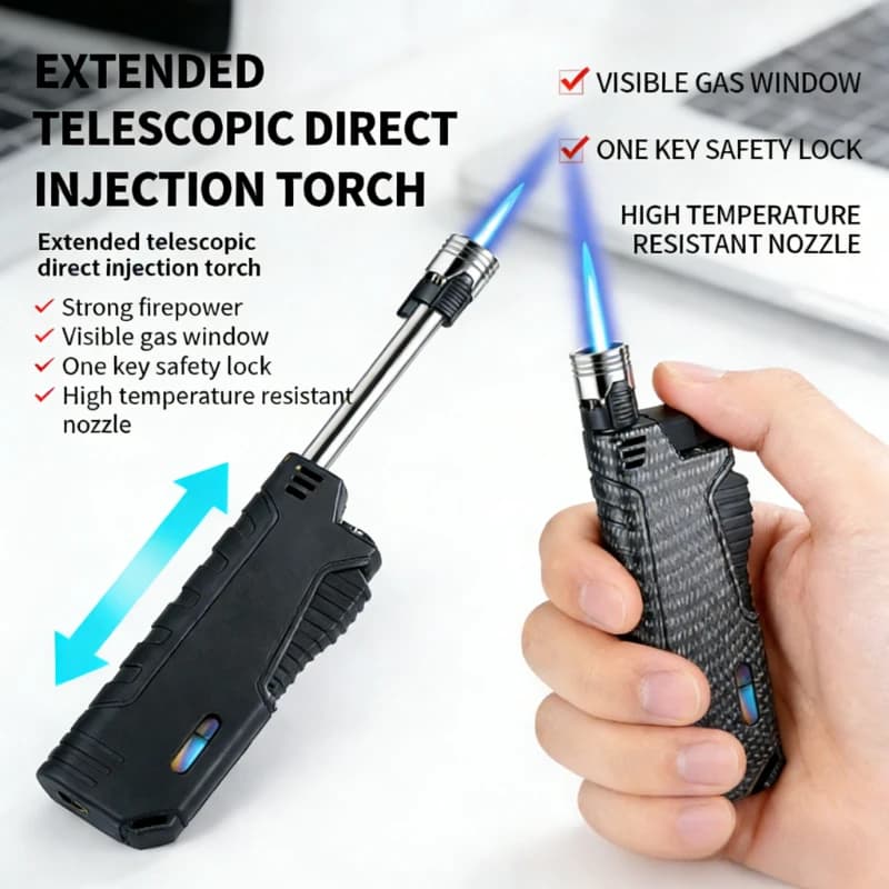 Accendino Antivento JOBON per Campeggio, con Leva Retrattile, Accensione a Pistola, Finestra Visuale Carburante, Fiamma Blu, Gadget per Uomo