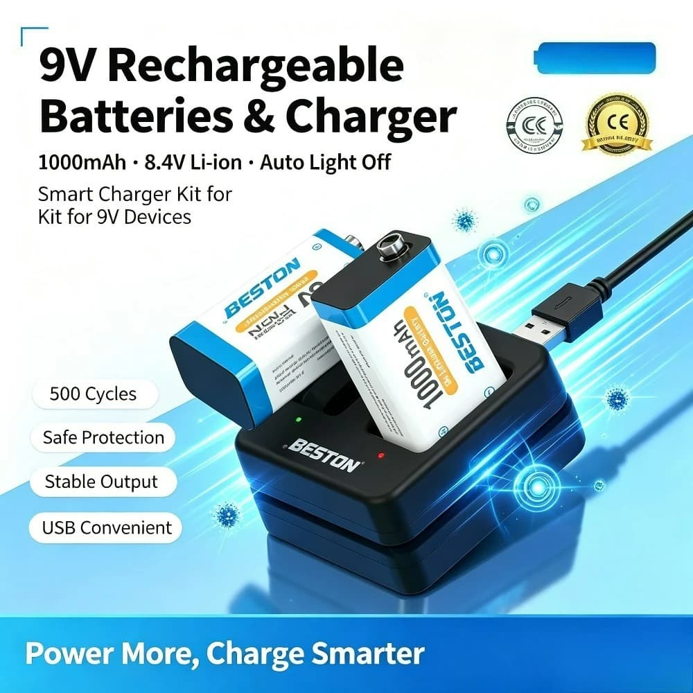 1000mAH Long-Lasting 9V Rechargeable Lithium ion Battery 3700mWh High Capacity for Guitar Microphone Smoke Detector Pedal