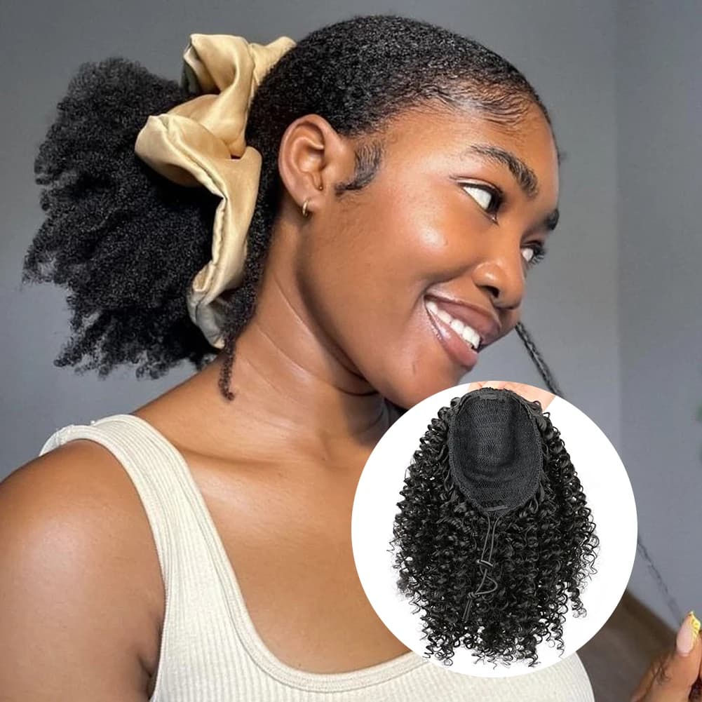 10 Inch Afro Puff Drawstring Ponytail Synthetic Hair Bun Short Afro Kinky Curly Drawstring Ponytail Hair Extensions Fluffy Afro Curls Clip in Pony Tail Hair Piece For Women