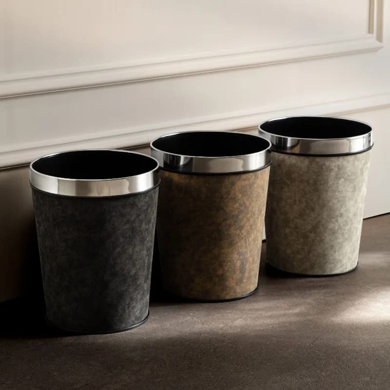 Modern Leather Trash Can Kitchen Trash Cans Luxury Bathroom Litter Bins Round Large Capacity Office Dustbin Domestic Cleaning
