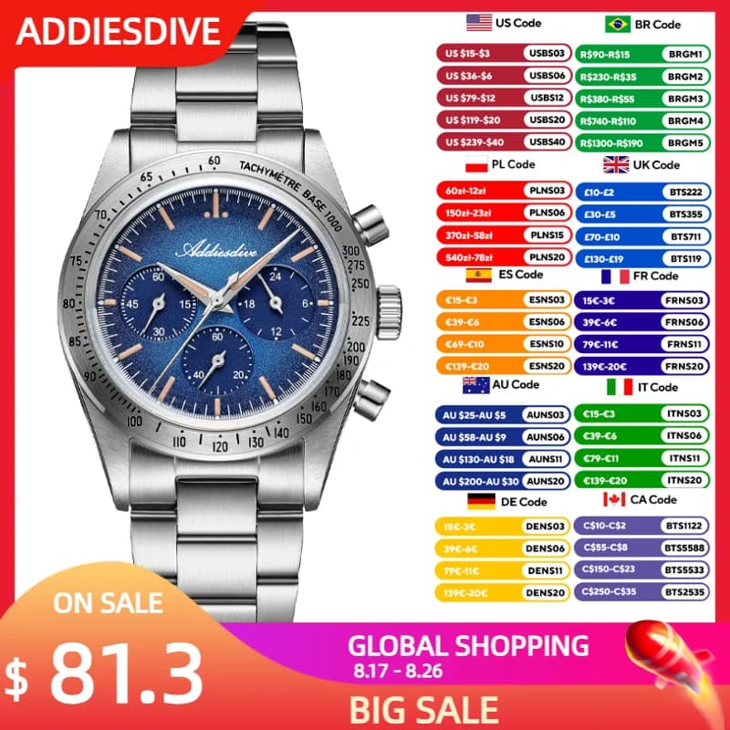 ADDIESDIVE New Men Watches Chronograph Domed Glass Luxury Quartz Wristwatch 100m Waterproof Diving Luminous 316L Stainless Steel