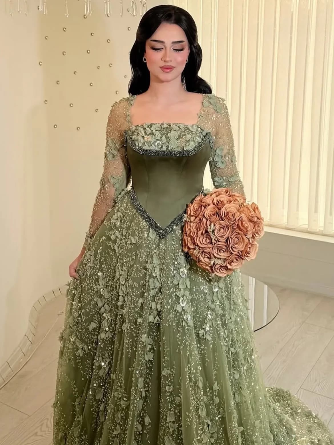 Sage Green Evening Dresses Long Ball Gown Square Neck Long Sleeve 3D Floral Appliques Prom Dresses Formal Elegant Party Dresses