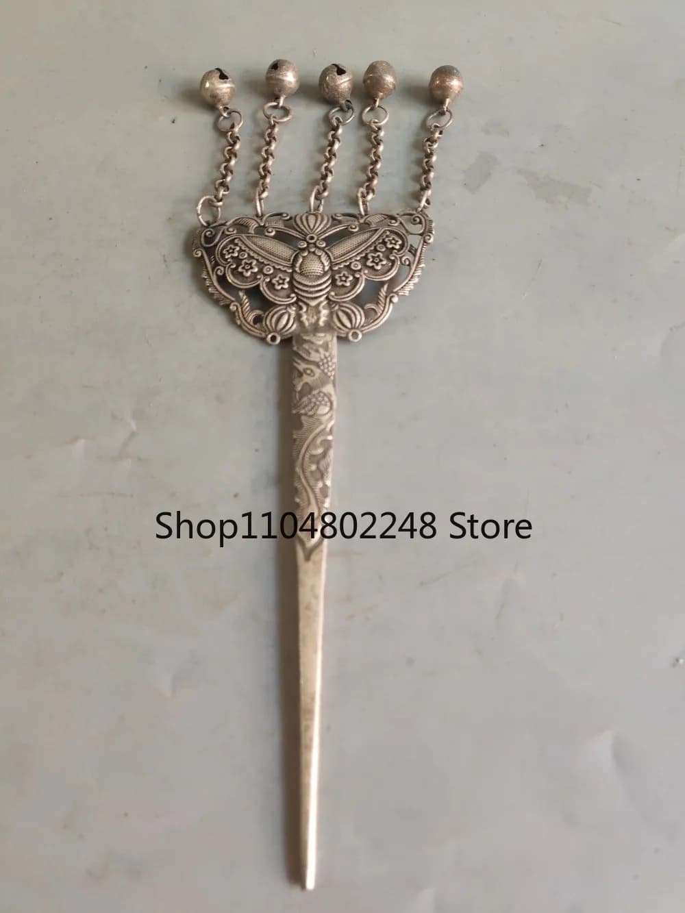 Old Chinese tibetan Silver Hairpin, Moth Design with Bell Tassels statue
