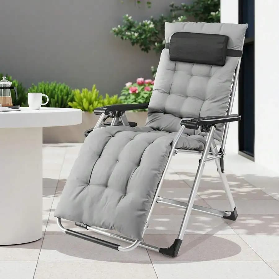 Zero Gravity Chair, Reclining Camping Lounge Chair For Indoor, Reclining Patio Chairs With Cup Holder Trays And Removable Cushion, Folding Recliner For Outdoor, Black