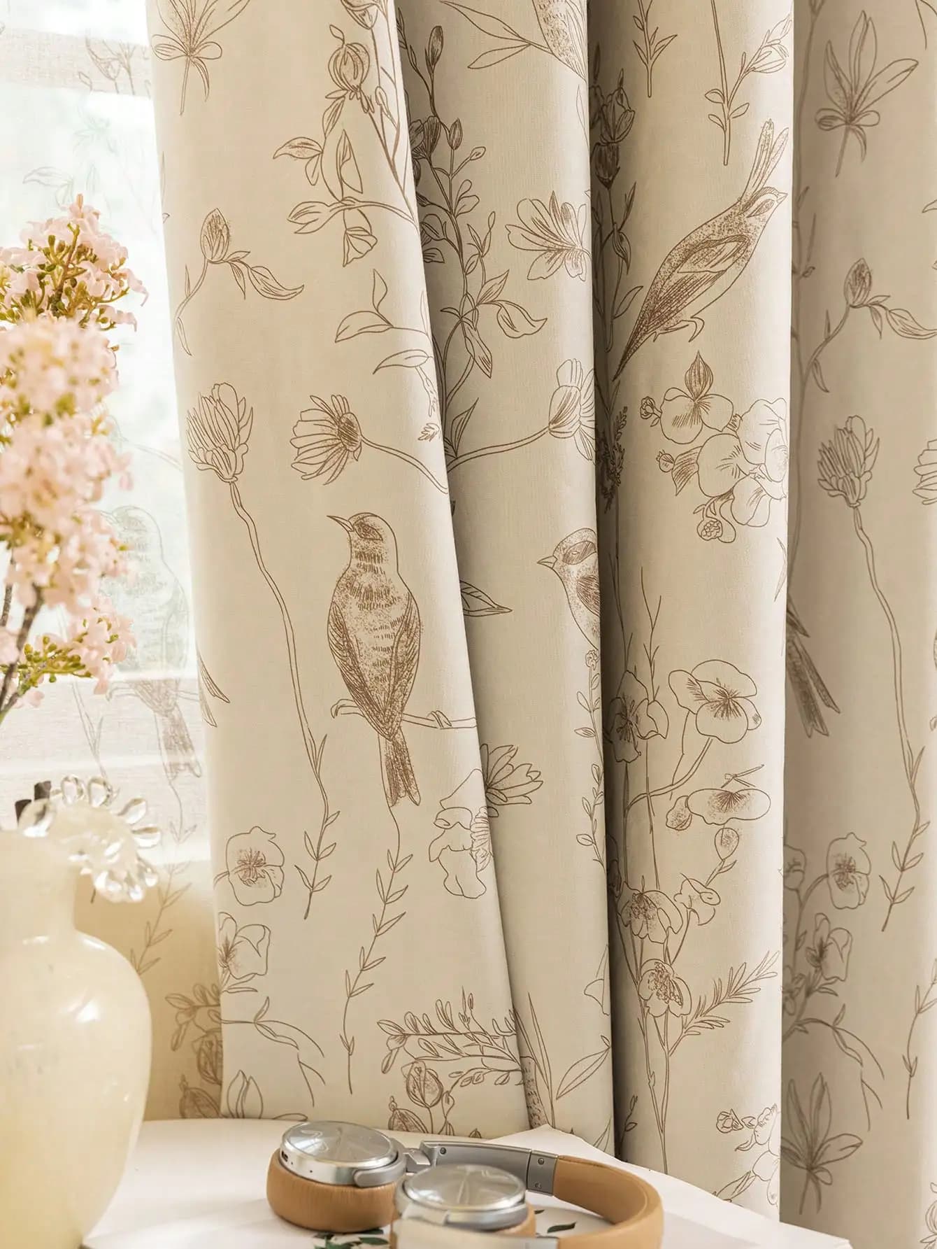 1PC Natural Pigeon Branch Bud Flower Elegant Living Room Curtain Unique Bird Theme Decorative Window Treatment