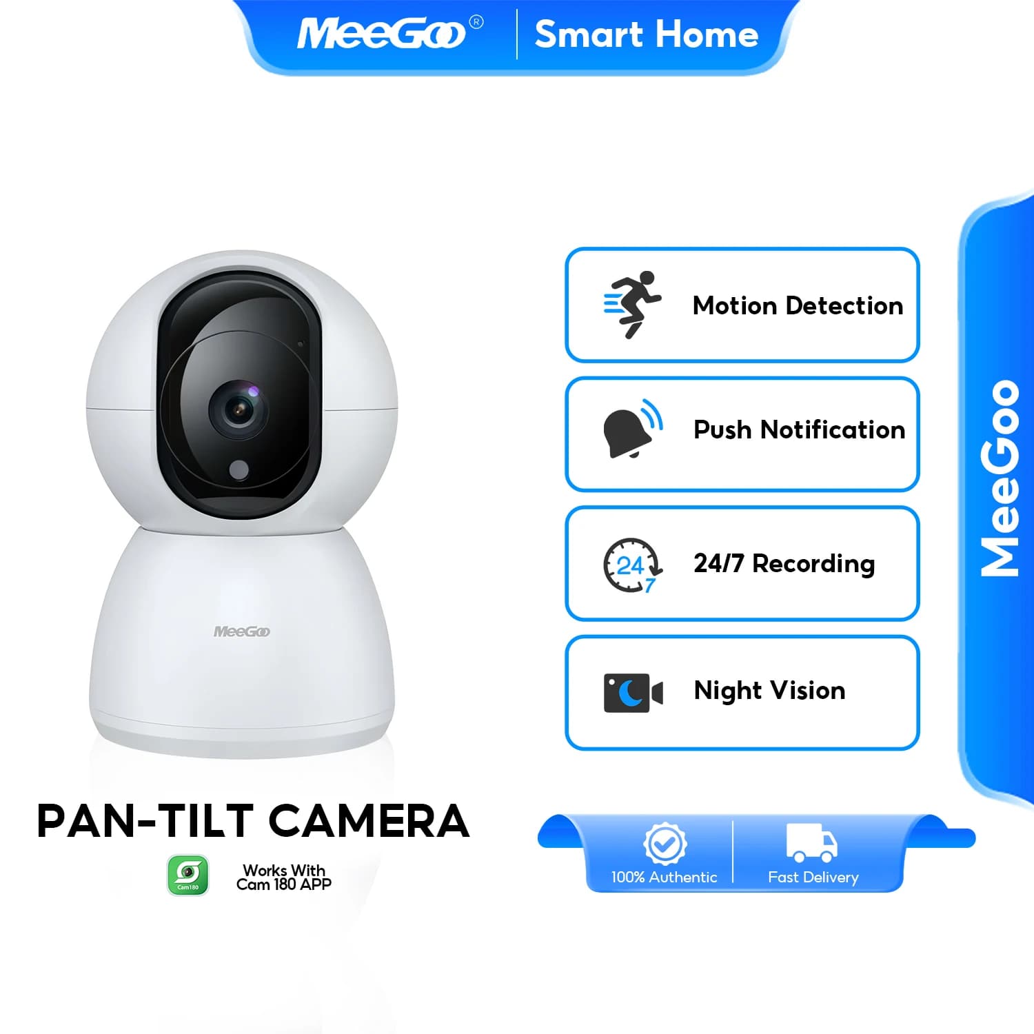 MeeGoo 3MP WiFi Pan-Tilt Camera, 10m IR Night Vision, Two-Way Audio, Humanoid Tracking, Indoor Baby Night Vision 360° Pan