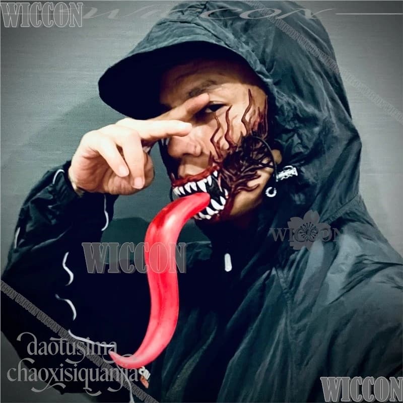 Black Demonia Mask for Cosplay Anime, Half Mask with Long 3D Language in Polylactic Acid, Damaged Face Style Manga Thriller for Halloween, Christmas and Carnival