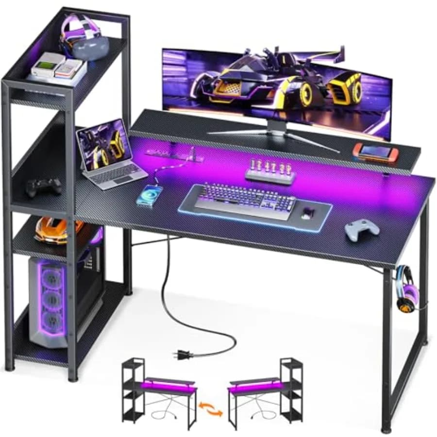 Reversible Gaming Desk with Current and LED Lights, 48-inch Computer Desk with Storage Pads and Monitor Support, Modern Design