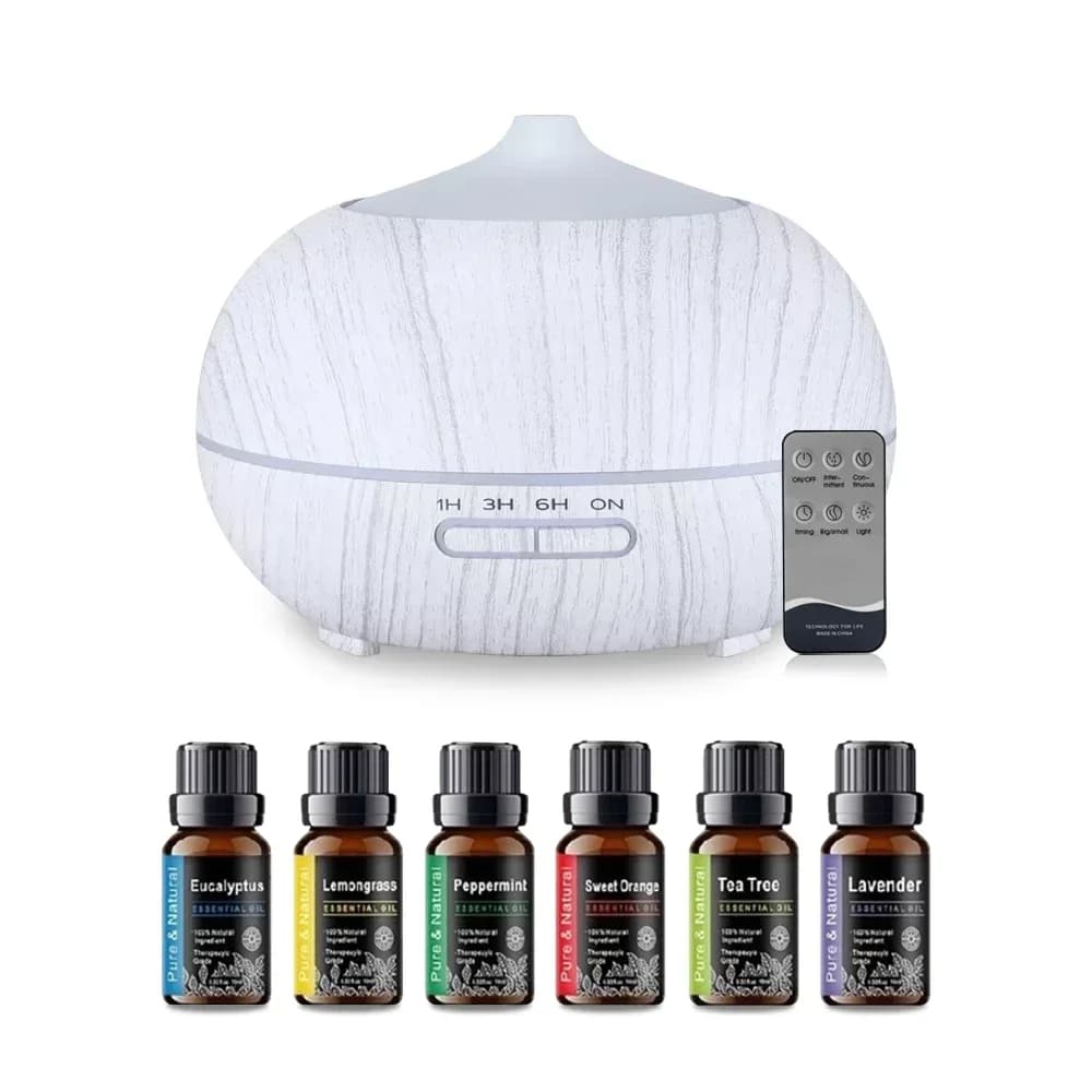 Diffusore di oli essenziali con venature del legno da 550 ml, LED a 7 colori, umidificatore ad ultrasuoni, telecomando, 6 oli inclusi