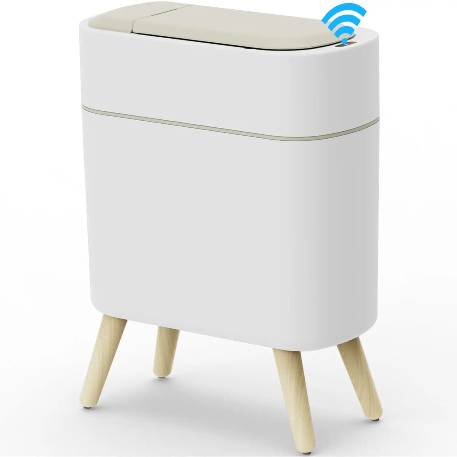 Cestino per Rifiuti con Sensore di Movimento 2.5 Galloni, Contenitore Intelligente Automatico Senza Contatto, Sottile, per Bagno, Bianco con Gambe in Legno