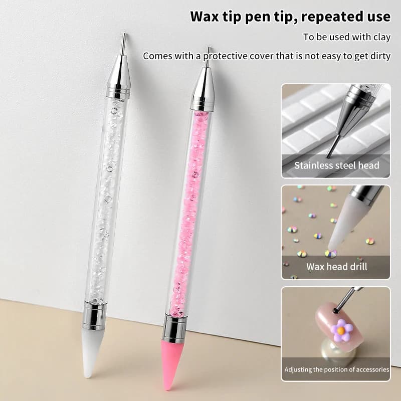 Penna per nail art a doppia testa Raccoglitore di strass per unghie Penna per cera Gel UV Pennello Manicure fai da te Strumenti per nail art Penna per intaglio testa in silicone