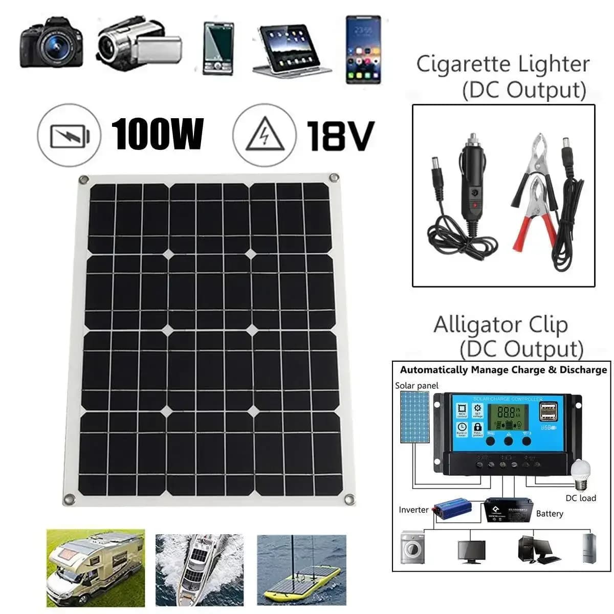 Pannello solare da 100 W 18 V e controller 12 V/24 V Porta USB impermeabile Carica solare Caricabatteria da 5 V per banca di potere del telefono Uso esterno