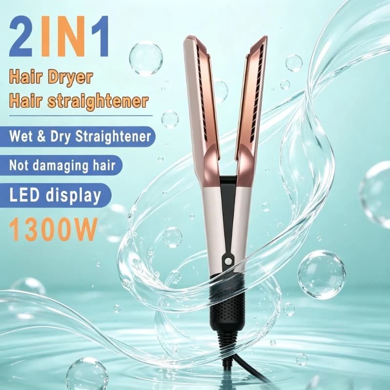 Negative Ion 2‑in‑1 Blow Dryer Straightener Portable Tool for Travel Daily Hair Styling
