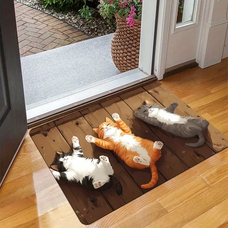 Tappetino di benvenuto antiscivolo stampato con tre gatti rilassati da 1 pezzo - Tappetino per interni/esterni in poliestere resistente per ingresso, porta, pavimento della cucina