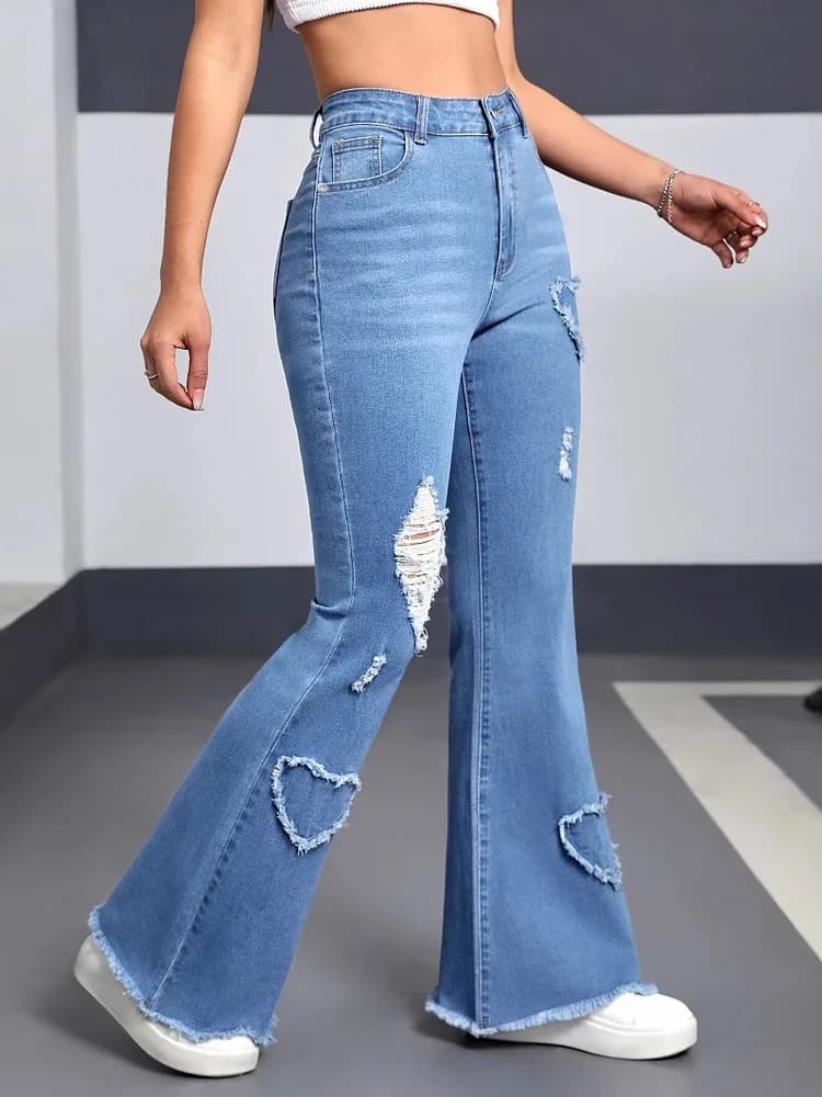 2026 Spring Summer Women's Light And Dark Blue Jeans Versatile Trim Fashionable Casual Heart-shaped Ripped Flared Pants With