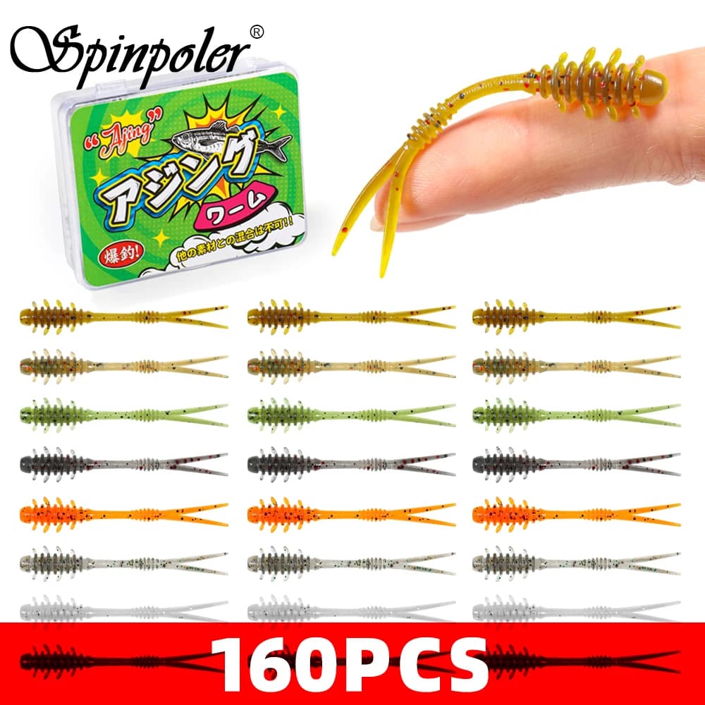 Ajing Worm Soft Lure Spinpoler 55mm TPR Shrimp Insect Bait 160Pcs Rib Vibration Micro Softbait For Light Game Rockfish Pesca
