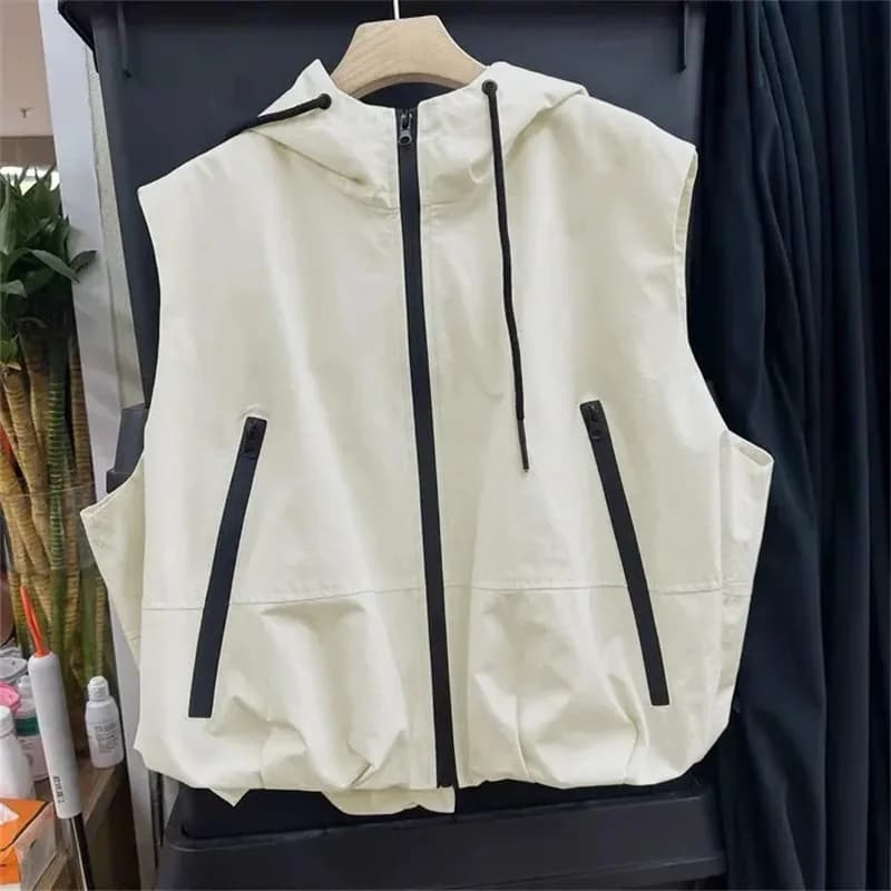 Cappotto gilet con cerniera femminile primavera autunno 2025 Capispalla senza maniche tinta unita da donna europea per il tempo libero con cappuccio