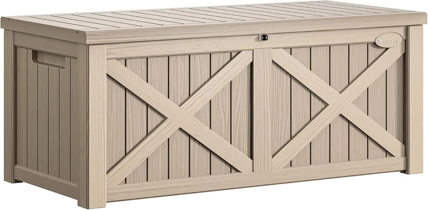 Box da Esterno Grande da 150 Galloni con Frontale a X, Contenitore in Resina per Esterni, Panca Impermeabile con Cuscino per Patio, Forniture per Piscina