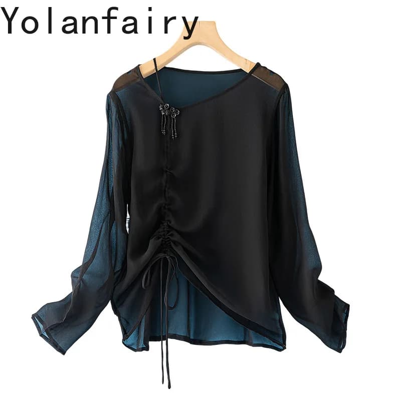 YOLANFAIRY 100%Real Mulberry Silk Blouse Woman Elegant Long Sleeve Summer Sunscreen Shirt Lace-up Womens Top Vinatge Black Shirt
