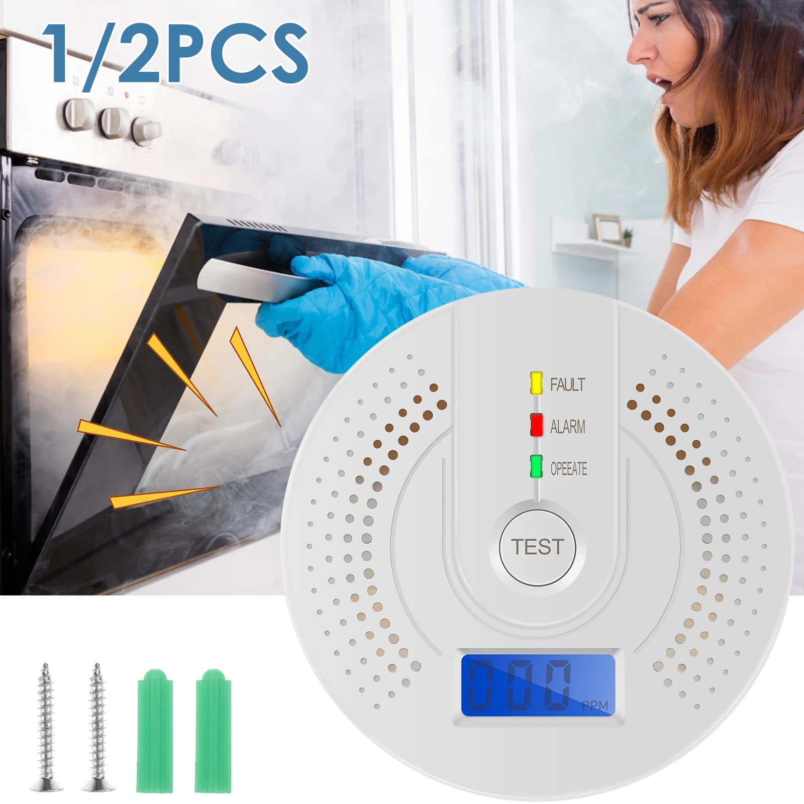 Rilevatore di Monossido di Carbonio (CO) con Allarme e Display Digitale LCD, Alimentato a Batterie AA, Sensore CO per Casa/Dipartimento/Test
