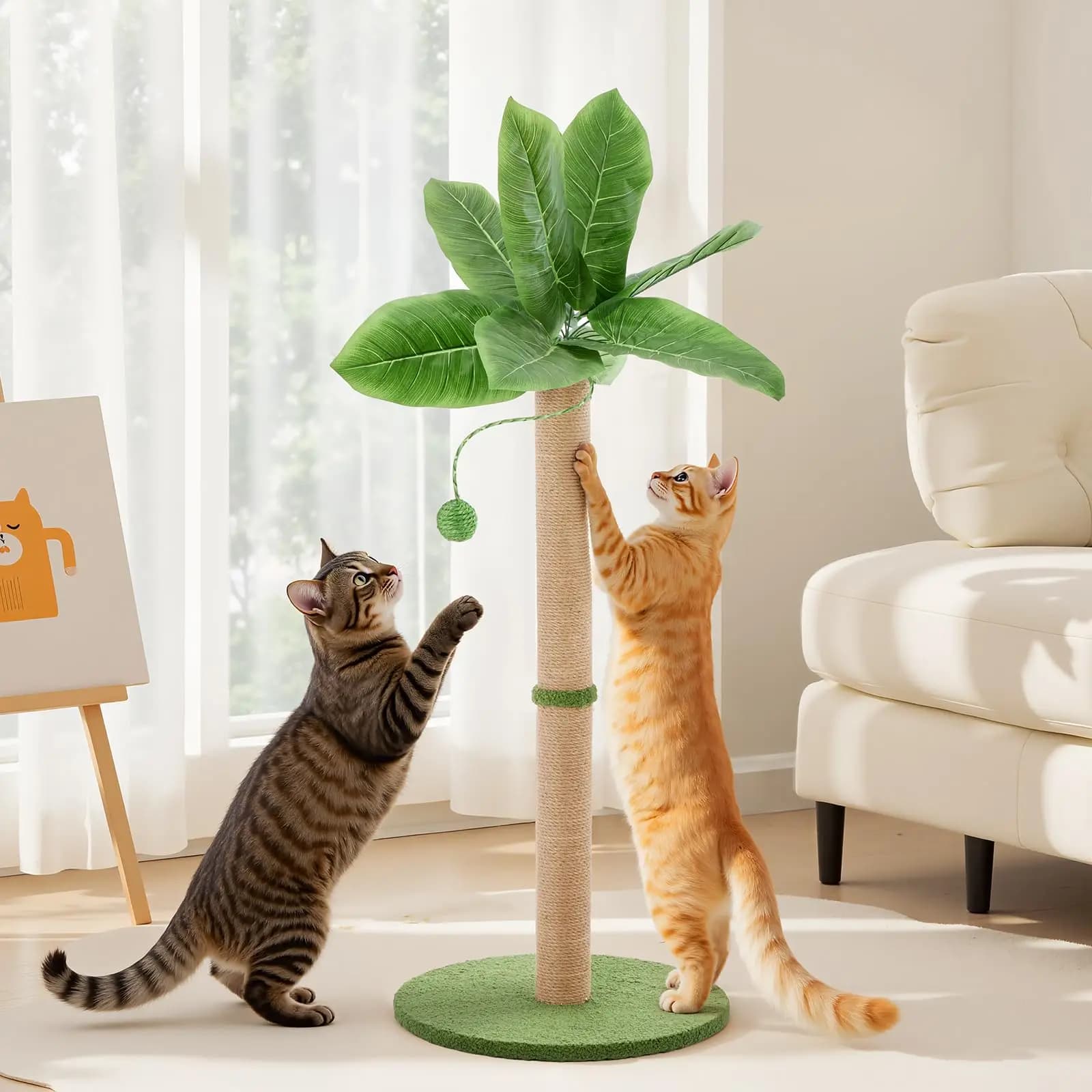 JHK Tiragraffi for cats 33 inch high with ball pendant for cats inside Palma Cat Tree for kittens with pole in green sisal