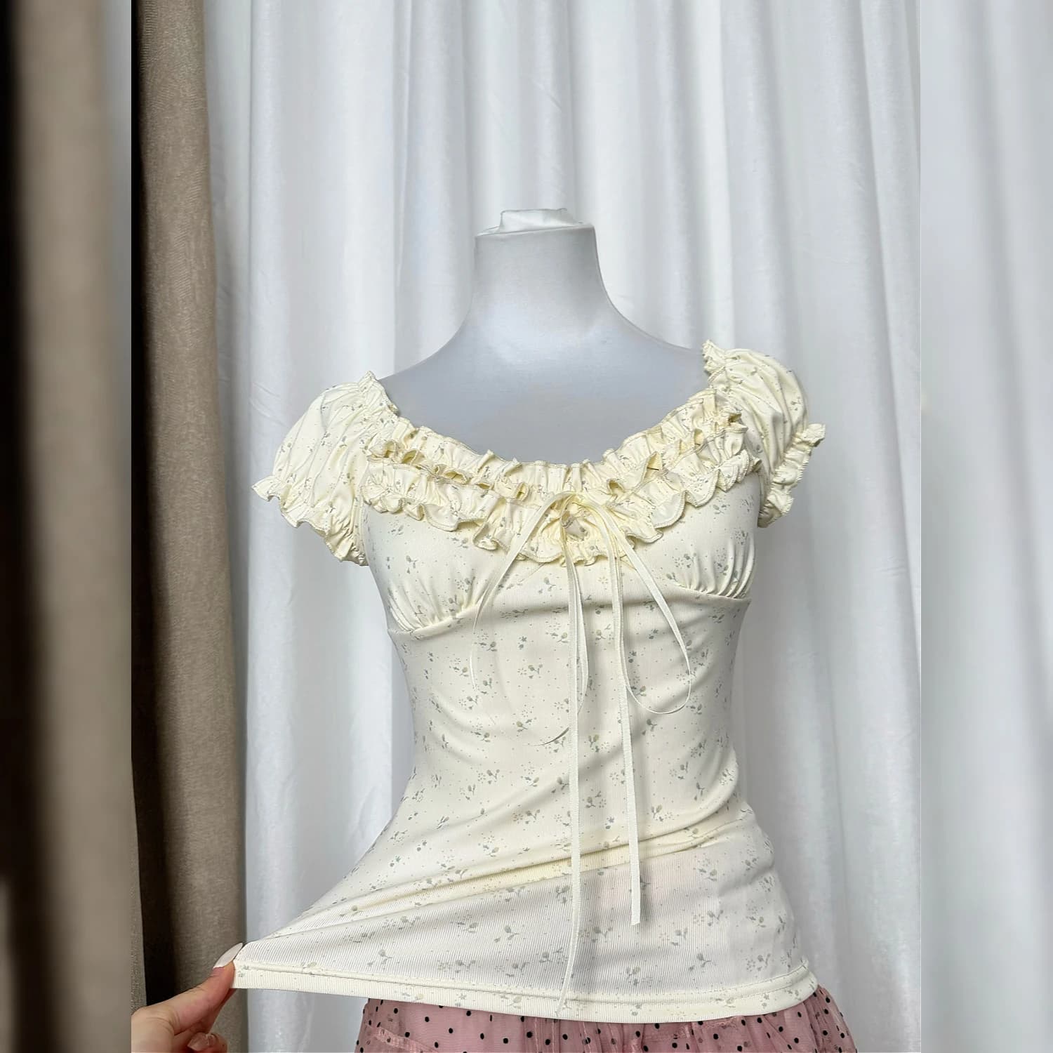 Korean Style Square Collar Floral Print Belted Design Short Sleeve Women's Versatile Slimming Tank Top Halter Neck Crop Top